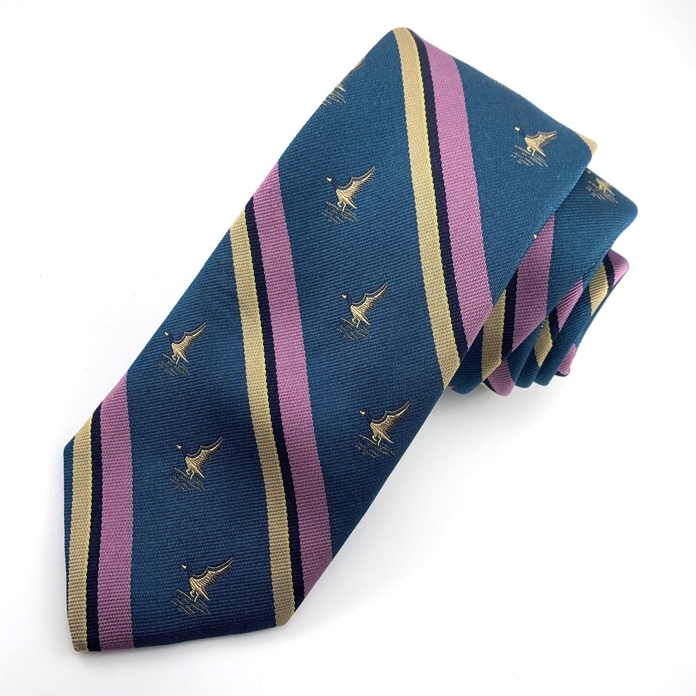 VTG Lands' End Mens Tie Teal & Pink Gold Strips with Mallards 100% Silk Necktie